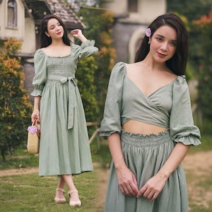 Green Maxi Dress With Bow At Waist, Green Summer Linen Maxi Dress, Puff Sleeves Linen Kaftan, Square Neck Dress Beautiful For Wedding Guest