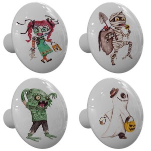 Set of 4 Halloween Trick or Treat  Ceramic Drawer Knobs