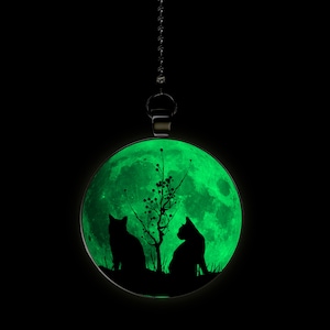 Cat Pair Under the Tree Moon Glow in the Dark Ceiling Fan / Light Pull Pendant with Chain