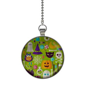 May include: A silver chain with a round pendant featuring a green background with a variety of Halloween-themed icons, including a ghost, a witch's hat, a cat, a pumpkin, and candy.