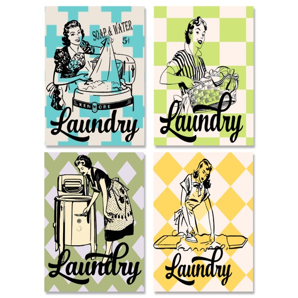 Set of 4 Laundry Room Mid Century Laundry Ladies Art Semi Gloss 8" x 10" Wall Prints / Mid Century Art / Laundry Room Art