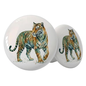 Set of 2 Ceramic Drawer Cabinet Knobs - Jungle Print Tiger 1.5" Round