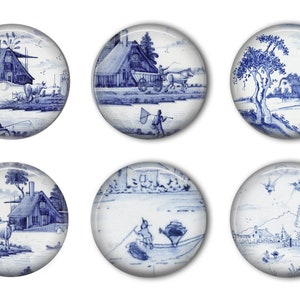 May include: Six round blue and white ceramic tiles with Dutch scenes. Each tile depicts a different scene of a rural landscape with houses, trees, and people.