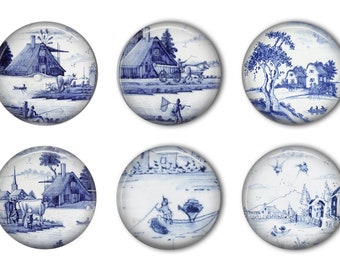 Delft Blue Country Village Round Refrigerator Magnet Set
