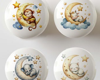 Set of 4 Sleepy Moon Star Baby Animals Nursery Decorative Ceramic Round Drawer Knobs