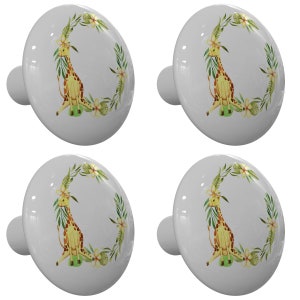Set of 4 Giraffe Wreath with Tropical Flowers Decorative Ceramic Drawer Knobs