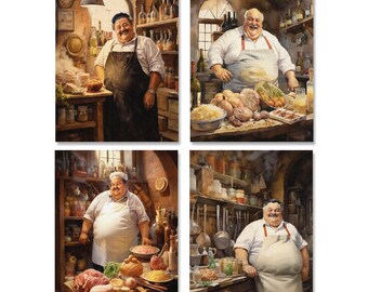 Set of 4 Watercolor Fat Italian Chef in a Tuscany Kitchen Art Semi Gloss 8" x 10" Wall Prints / Food Art / Kitchen Art
