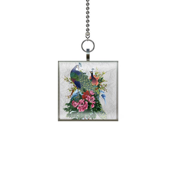 Peacock Bouquet Ceiling Fan / Light Pull Square Pendant with Chain