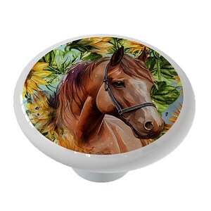 Sunflower Garden Horse Decorative Ceramic Round Drawer Knob