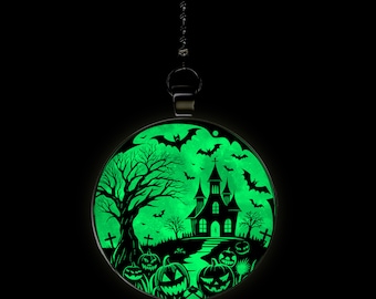 Halloween Haunted Pumpkin House Glow in the Dark Ceiling Fan / Light Pull Pendant with Chain