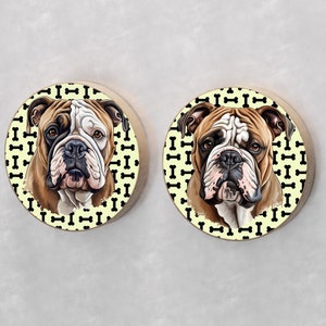 May include: Two round wooden coasters with a black and white bone pattern and a brown and white bulldog face in the center.