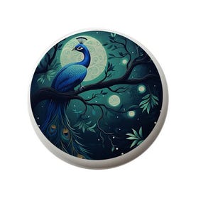 May include: A blue peacock with a long tail sits on a branch with a full moon and stars in the background. The image is painted in a dark blue, green, and white color scheme.