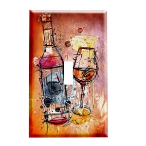 May include: A watercolor painting of a wine bottle and glass on a light brown background with splashes of orange, yellow, and red paint. The bottle is a dark red color with a black label and the glass is filled with a light red liquid. The background has handwritten text in black.