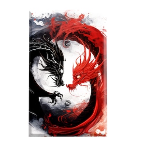 May include: A black and red dragon yin yang design. The dragons are facing each other with their mouths open. The background is white with black and red splatters.