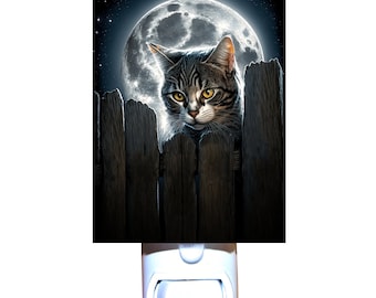 Cat Looking Over a Moonlit Fence Decorative Night Light