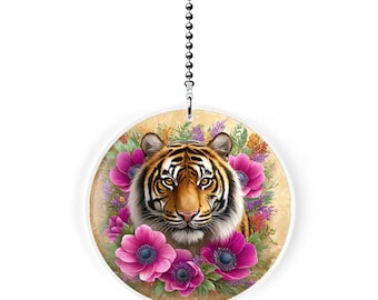 Tiger Floral Botanical Fan Pull - 2" Round Ceiling Fan Pull Chain with Steel Chain