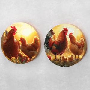 May include: Two round wooden wall plaques with a sunrise scene featuring a rooster, hen, and chicks. The rooster is red, brown, and black with a large red comb. The hen is brown and the chicks are yellow.