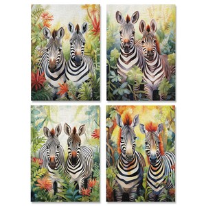 May include: A set of four square paintings featuring pairs of zebras in a lush jungle setting. The zebras are depicted in a realistic style with black and white stripes, and the jungle foliage is vibrant with green, red, and yellow hues.
