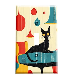 May include: A black cat with yellow eyes sits on a blue and yellow table with a red and yellow lamp in the background. The image is in a retro style with a vintage feel.