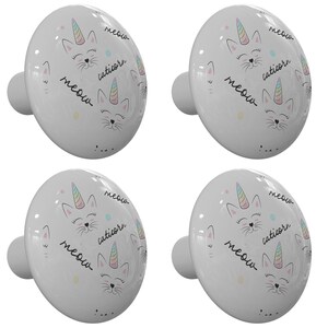 Set of 4 Caticorn Meow Decorative Ceramic Round Drawer Knobs