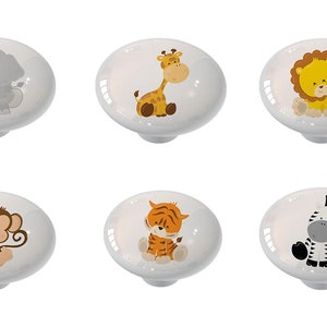 Set of 6 Nursery Safari Animals Decorative High Gloss Ceramic Knobs