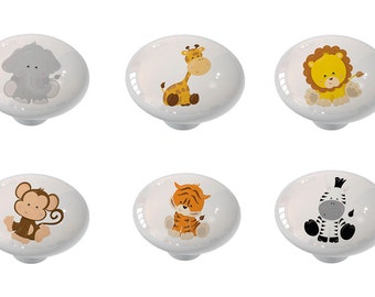 Set of 6 Nursery Safari Animals Decorative High Gloss Ceramic Knobs