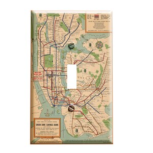 May include: A rectangular light switch cover featuring a vintage map of the New York City subway system. The map is in shades of beige, blue, red, and green. The cover has a single switch opening and two screws.