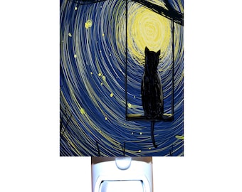 Starry Night Tree Swing Cat Decorative Night Light