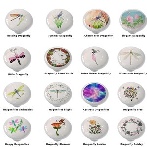 May include: A set of 16 ceramic drawer knobs featuring various dragonfly designs. The knobs are white with colorful dragonfly illustrations, including floral patterns, watercolor effects, and abstract designs.