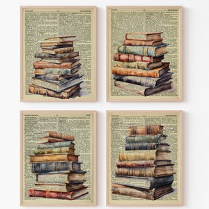 May include: Four framed prints of watercolor paintings of stacks of vintage books on a background of old dictionary pages. The prints are in a light wood frame.