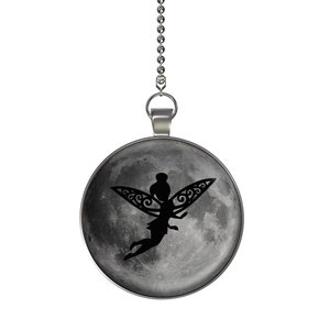 May include: A silver chain with a round pendant featuring a black silhouette of a fairy with intricate wings against a gray moon background.