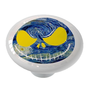 May include: A white ceramic knob with a blue and yellow Jack Skellington face design inspired by Vincent van Gogh's Starry Night.