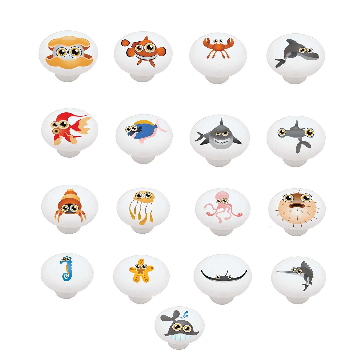 Set Of 17 Under The Sea Animal Peepers Decorative High Gloss Ceramic Knobs