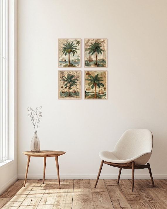 Set of 4 Vintage Palm Trees on Old Maps Semi Gloss 8