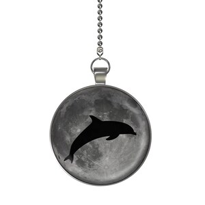 May include: A silver pendant with a black silhouette of a dolphin jumping in front of a gray moon.