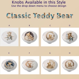 May include: Eight different designs of ceramic knobs featuring a teddy bear in various scenes. The knobs are white with a glossy finish. The designs include a teddy bear flying a plane, a teddy bear sleeping, a teddy bear on a swing, and a teddy bear sitting on a moon.