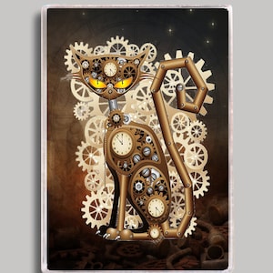 May include: A steampunk-style cat made of gears and clock faces. The cat is sitting on a brown background with gears and other mechanical parts.