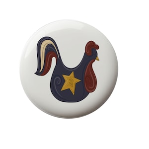 May include: A blue and red rooster with a yellow star on its chest. The rooster is on a white background.