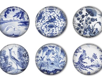 Delft Blue Bird Scenes Round Refrigerator Magnet Set
