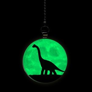 May include: A round, green glow-in-the-dark pendant with a black silhouette of a dinosaur standing in front of a moon. The pendant is attached to a silver chain.