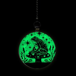 May include: A glow-in-the-dark pendant featuring a black silhouette of a frog sitting on a mushroom with stars and grass in the background.