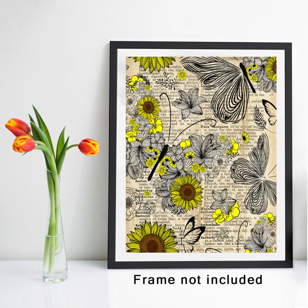 Sunflower Butterfly Dictionary Wall Art Print - Vintage Style Art for Walls - 8 X 10 Unframed ...