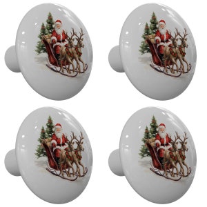 Set of 4 Christmas Santa and His Reindeer Drawer Knobs