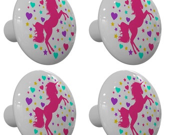 Set of 4 Unicorn with Hearts and Stars Drawer Knobs