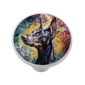 May include: A white cabinet knob featuring a Doberman Pinscher portrait. The dog is black and tan, set against a colorful background of floral and geometric patterns. The knob has a rounded shape and a silver base.