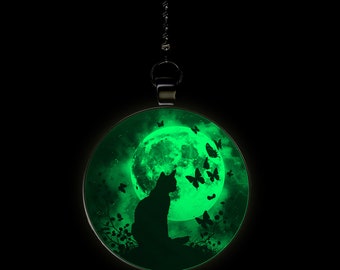 Cat Butterfly Moon Glow in the Dark Ceiling Fan / Light Pull Pendant with Chain
