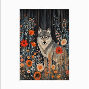 May include: A framed art print featuring a wolf standing in a field of orange and red flowers. The wolf has gray and white fur and is set against a dark forest background. The artwork has a painterly style.