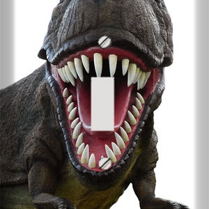 May include: A light switch cover featuring a close-up of a dinosaur's face with a wide open mouth showing sharp teeth.