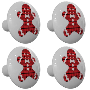 Set of 4 Christmas Lumberjack Buffalo Plaid Gingerbread Man  Ceramic Drawer Knobs