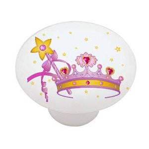 May include: A pink and gold crown with pink jewels and a pink and gold wand with a yellow star on top. The background is white with yellow stars.